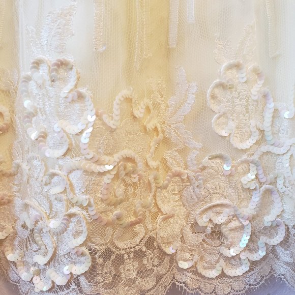 Vtg Yellow Stripe Lace Mesh Tulle Sheer Floral Applique Sequin Midi Maxi Skirt M - Picture 6 of 16